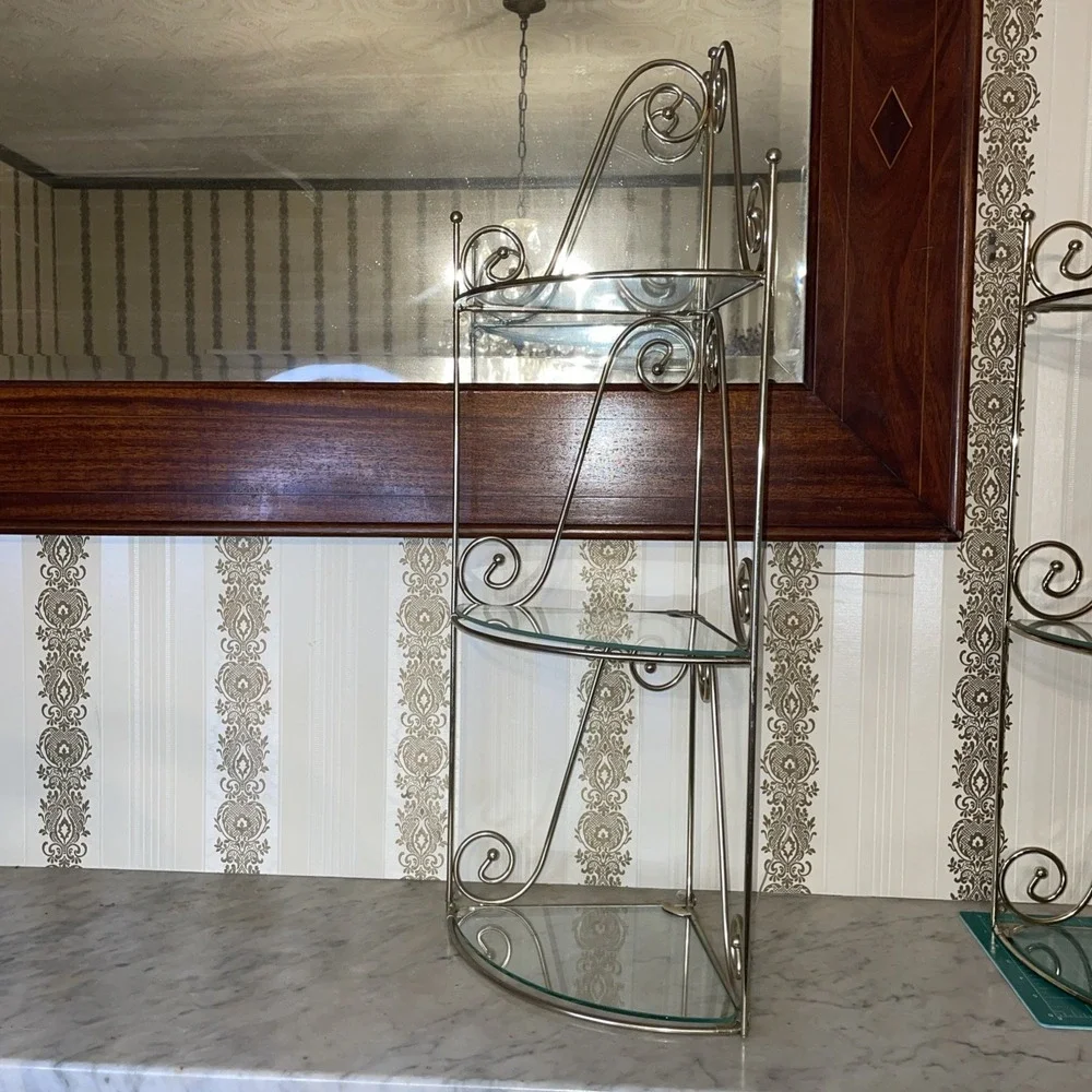 1 Vintage MCM Metal Wall Corner Shelf | 3 Shelves with Glass | 26